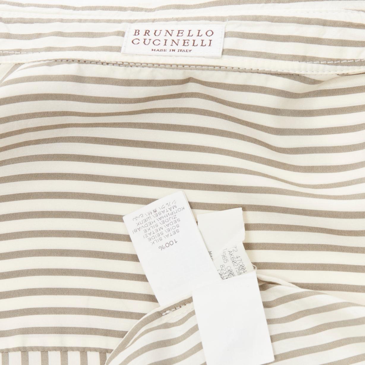 BRUNELLO CUCINELLI cream grey stripe black V beaded pocket dress shirt XS For Sale 3
