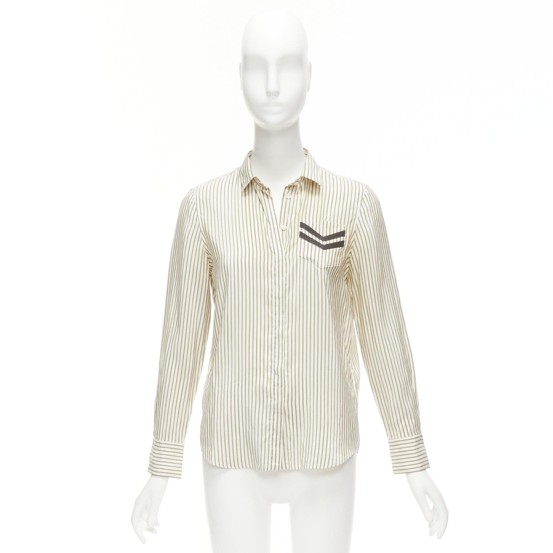 BRUNELLO CUCINELLI cream grey stripe black V beaded pocket dress shirt XS For Sale 5