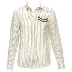 BRUNELLO CUCINELLI cream grey stripe black V beaded pocket dress shirt XS