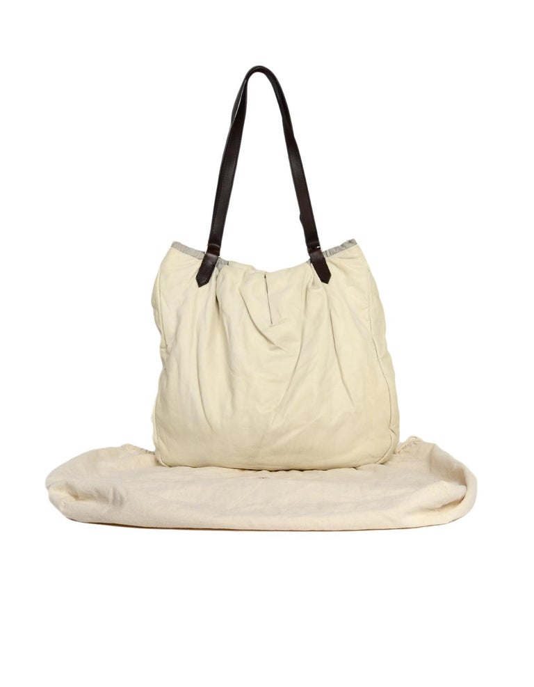Brunello Cucinelli Cream Leather Tote Bag W/ Brown Leather Straps For Sale at 1stdibs