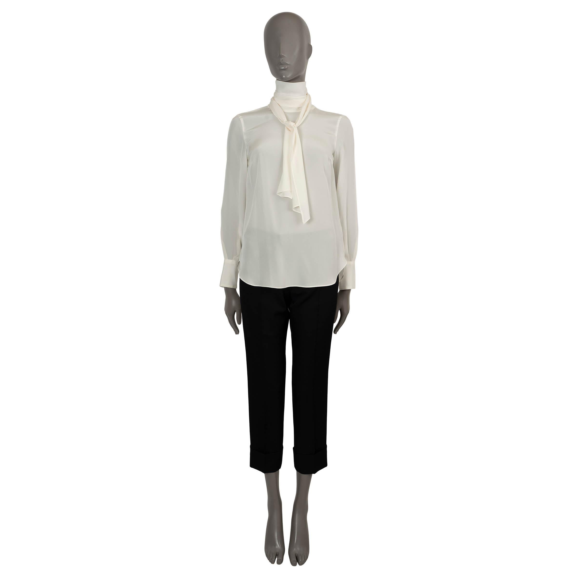 BRUNELLO CUCINELLI cream silk SEMI-SHEER PUSSY BOW Blouse Shirt XS In Fair Condition For Sale In Zürich, CH