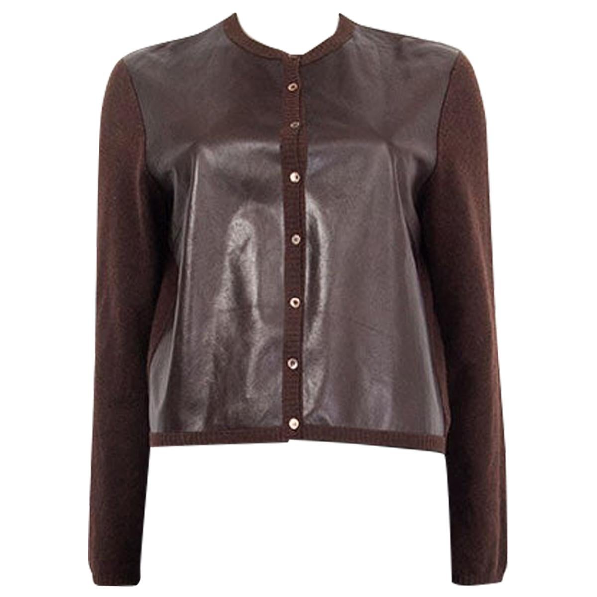 BRUNELLO CUCINELLI dark brown leather & cashmere Cardigan Sweater L For Sale