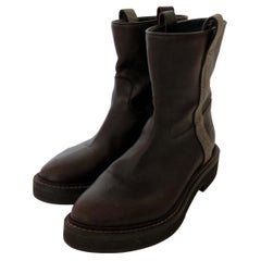 Brunello Cucinelli Dark Brown Weathered Leather w/ Metallic Silver Accents Boots