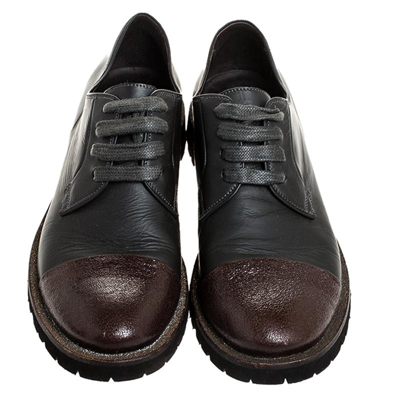 Black Brunello Cucinelli Dark Grey/Brown Leather Cap Toe Lace Oxfords Size 37