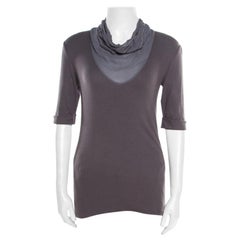 Brunello Cucinelli Dark Grey Cotton Rib Knit Monili Trim Cowl Neck Top XL