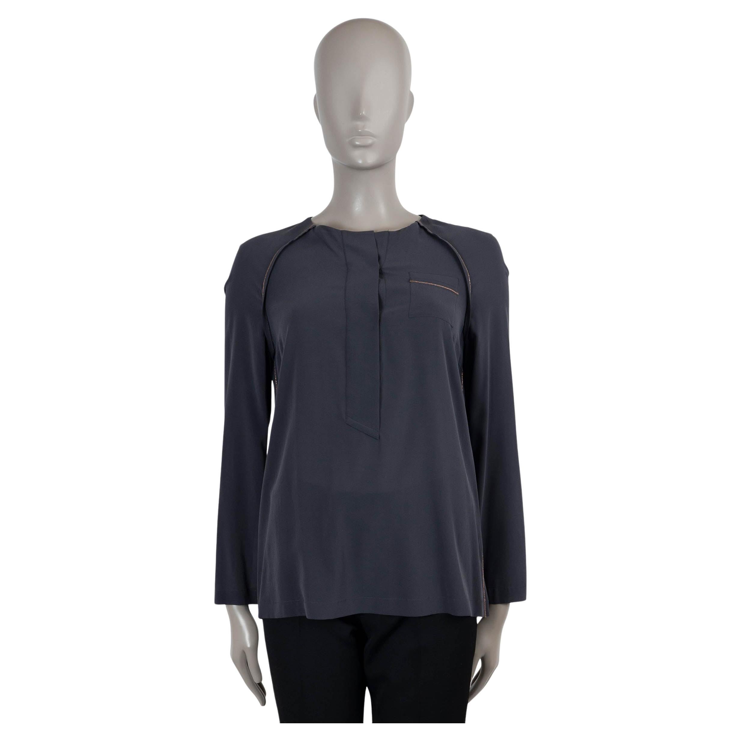 BRUNELLO CUCINELLI dunkelgraue Seide MONILI TRIM Bluse Hemd M im Angebot