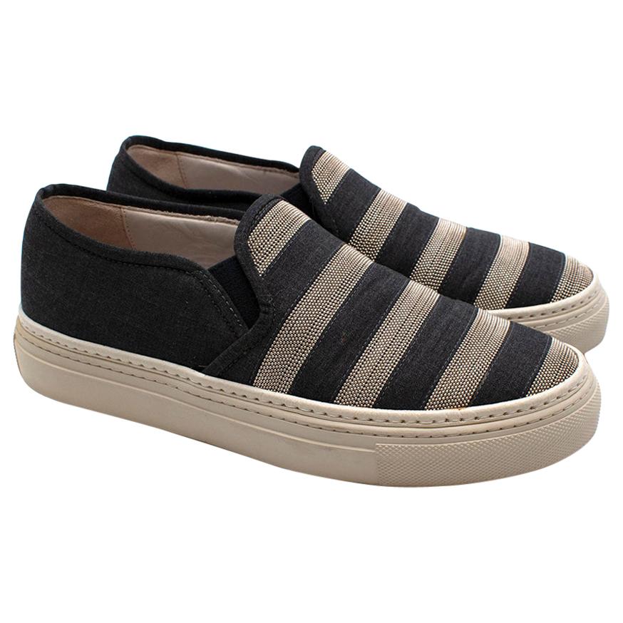 Brunello Cucinelli Denim Monili Bead Striped Slip-on Sneaker 37 For Sale