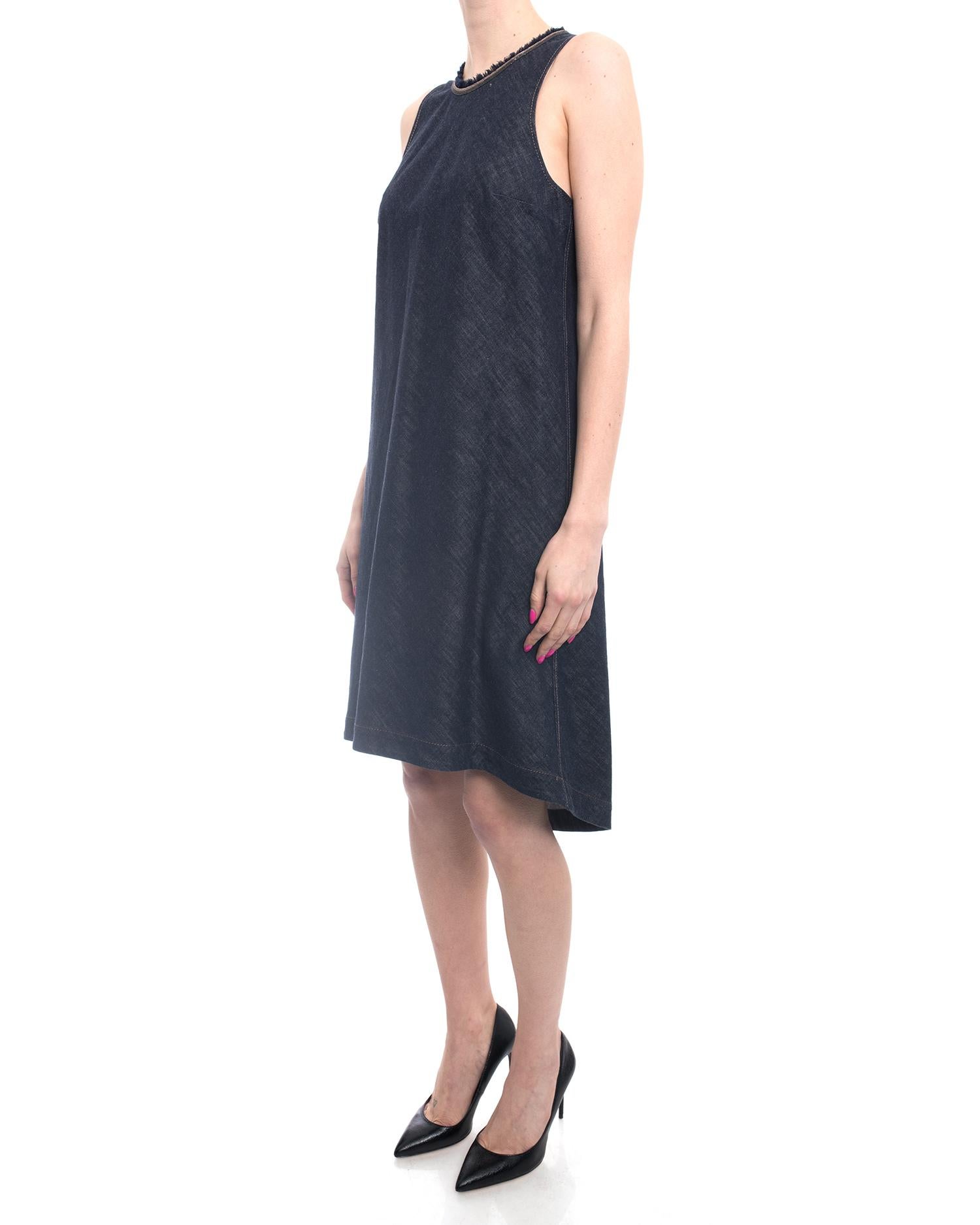 Brunello Cucinelli Denim Monili Bead Trim Sleeveless Dress - 8 In Excellent Condition In Toronto, ON