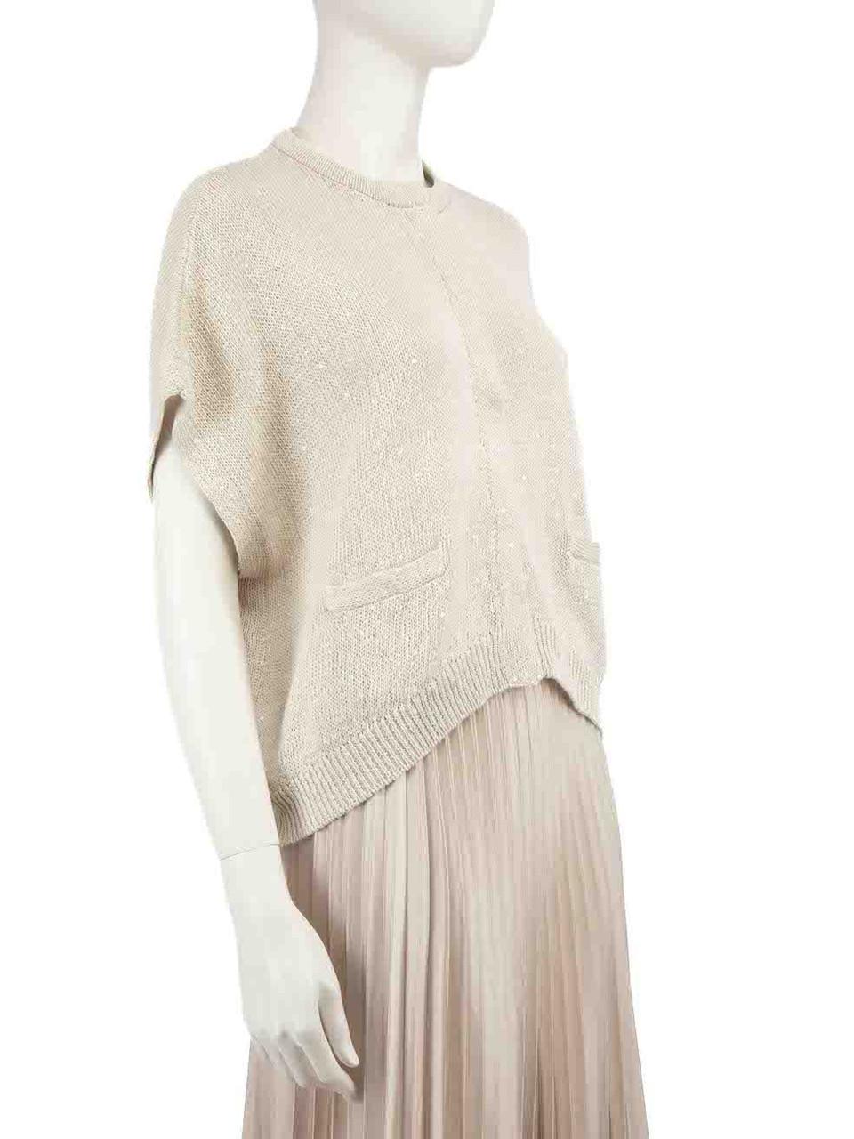 CONDITION is Very good. Hardly any visible wear to cardigan is evident on this used Brunello Cucinelli designer resale item.
 
 
 
 Details
 
 
 Ecru
 
 Cotton
 
 Knit cardigan
 
 Round neck
 
 Short sleeves
 
 Sequin embellished
 
 Snap button