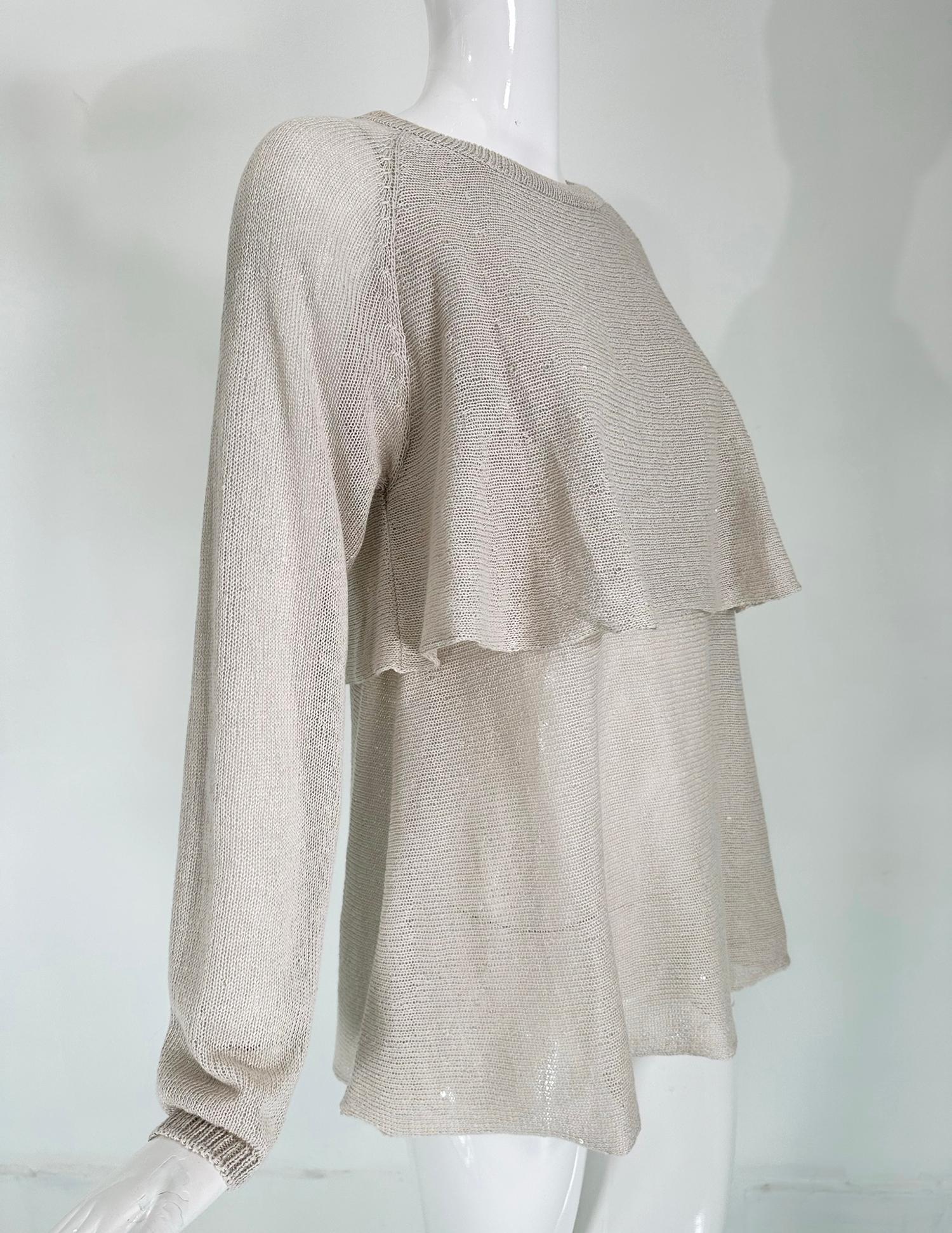 Brunello Cucinelli Ecru Linen & Silk Sequin Applique Layered Knit Tunic Sweater  For Sale 6