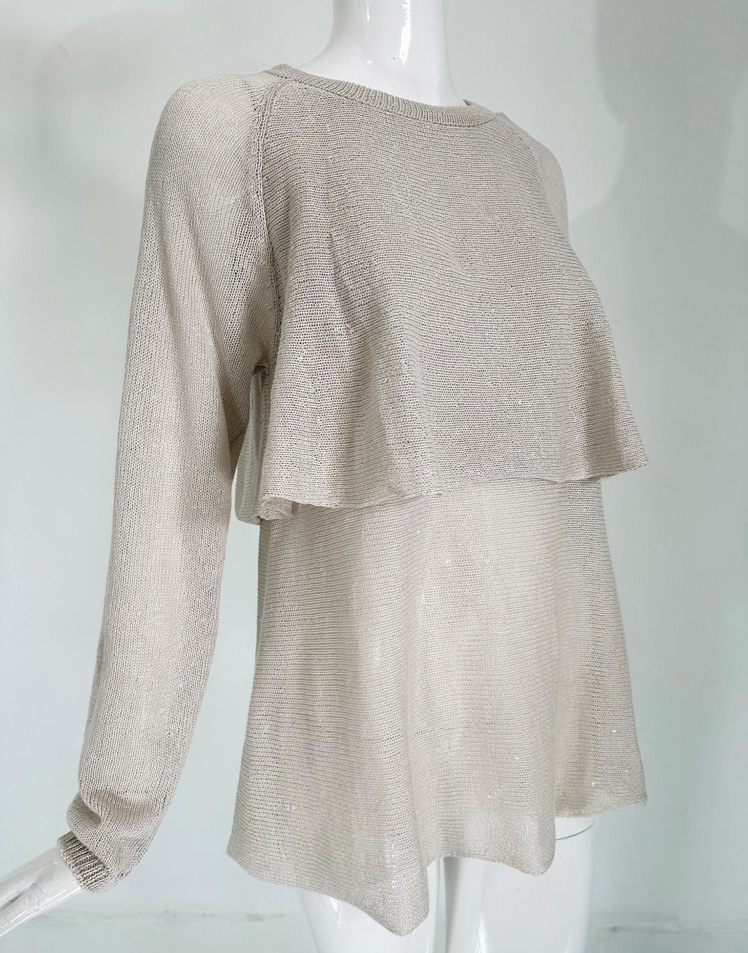 Brunello Cucinelli Ecru Linen & Silk Sequin Applique Layered Knit Tunic Sweater  For Sale 8