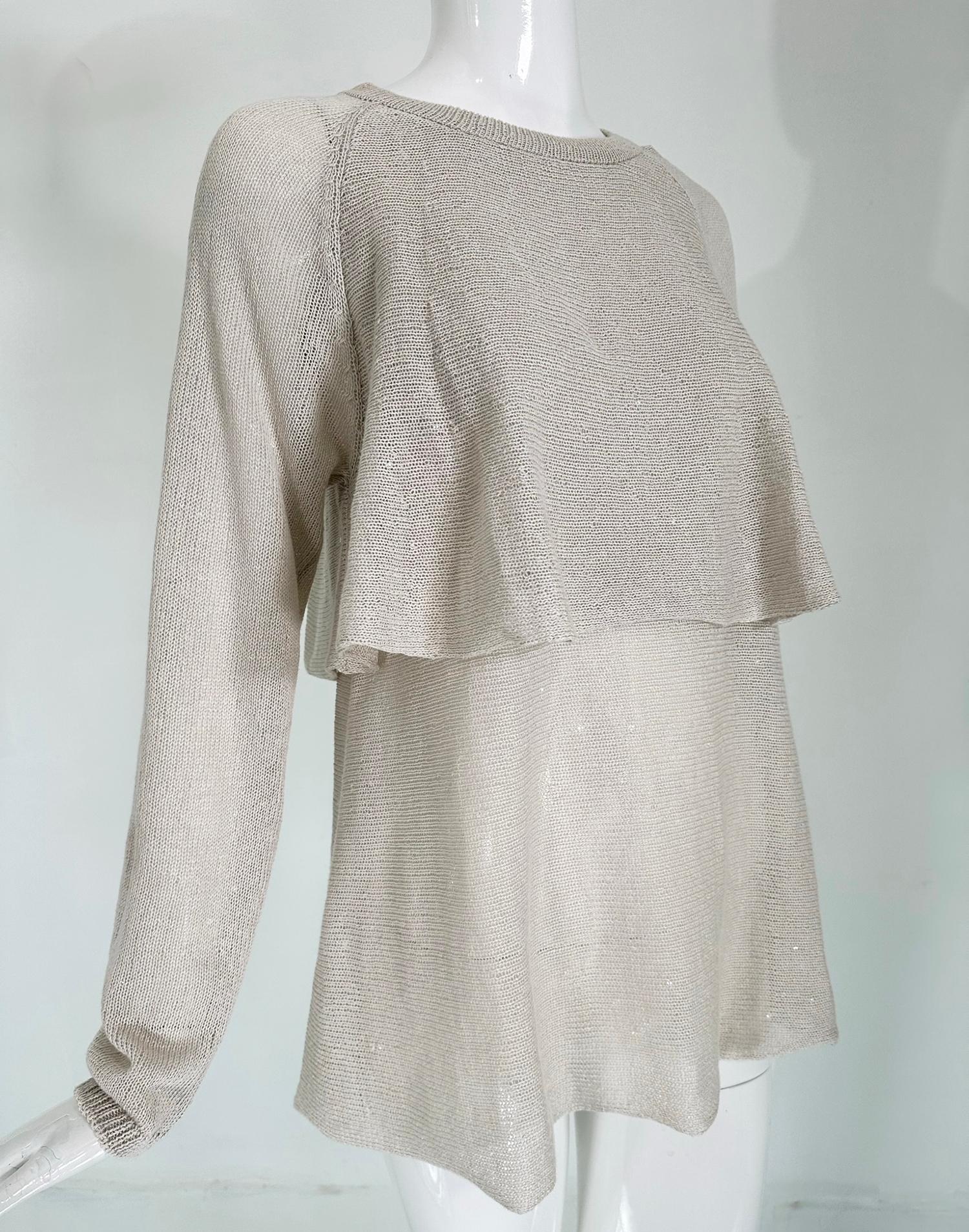 Brunello Cucinelli Ecru Linen & Silk Sequin Applique Layered Knit Tunic Sweater  For Sale 9