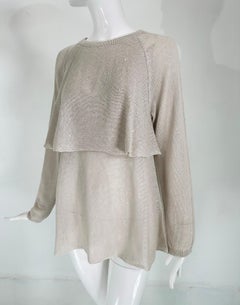 Brunello Cucinelli Ecru Linen & Silk Sequin Applique Layered Knit Tunic Sweater