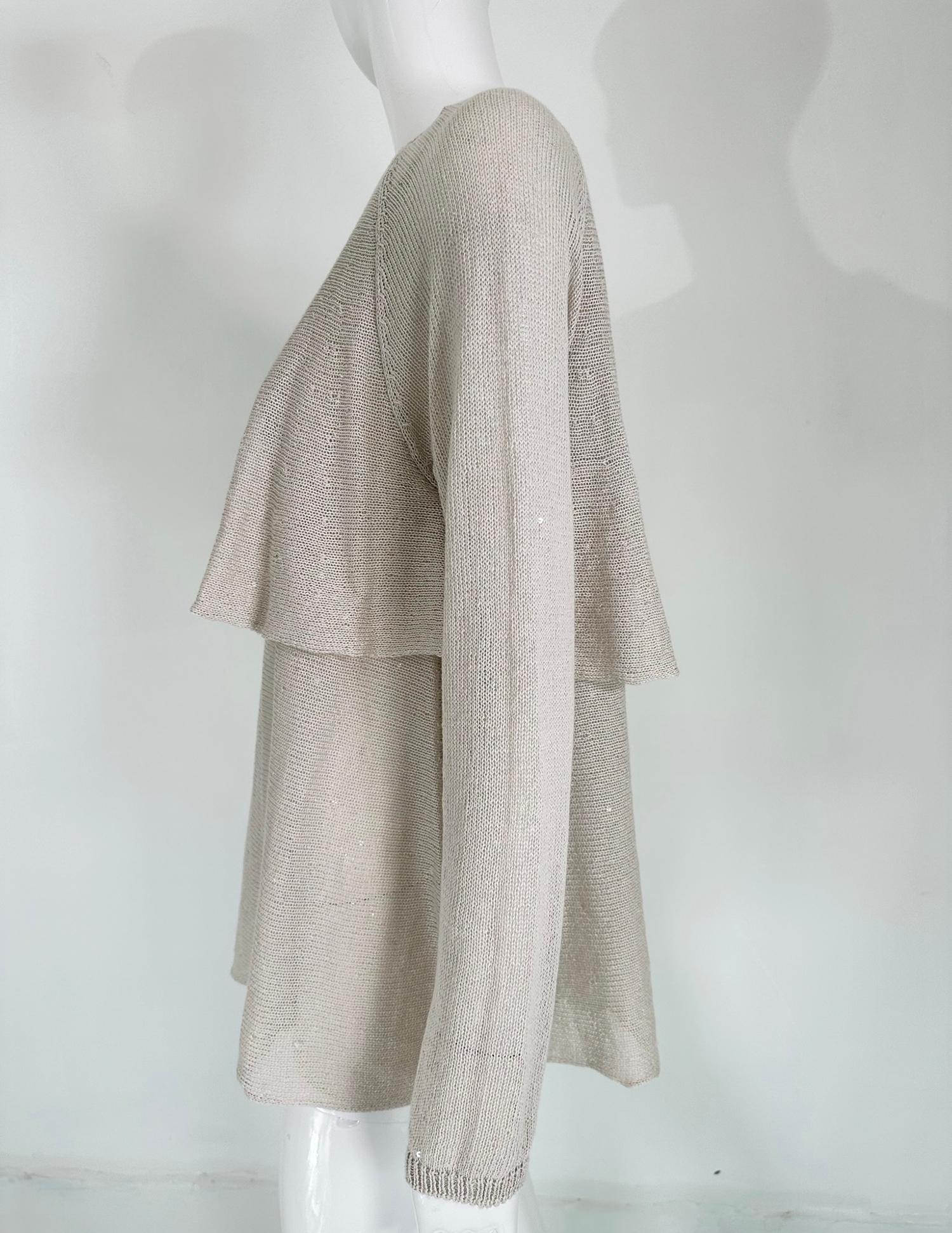 Women's Brunello Cucinelli Ecru Linen & Silk Sequin Applique Layered Knit Tunic Sweater  For Sale