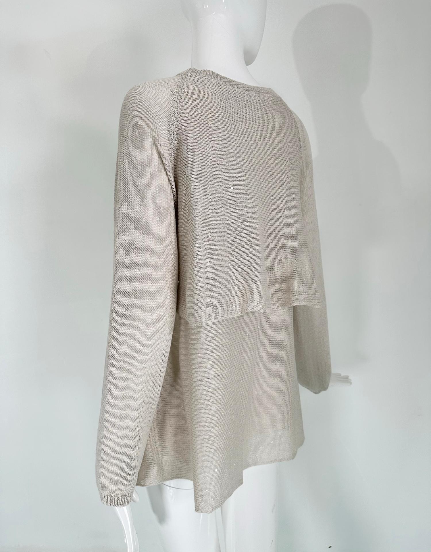 Women's Brunello Cucinelli Ecru Linen & Silk Sequin Applique Layered Knit Tunic Sweater  For Sale