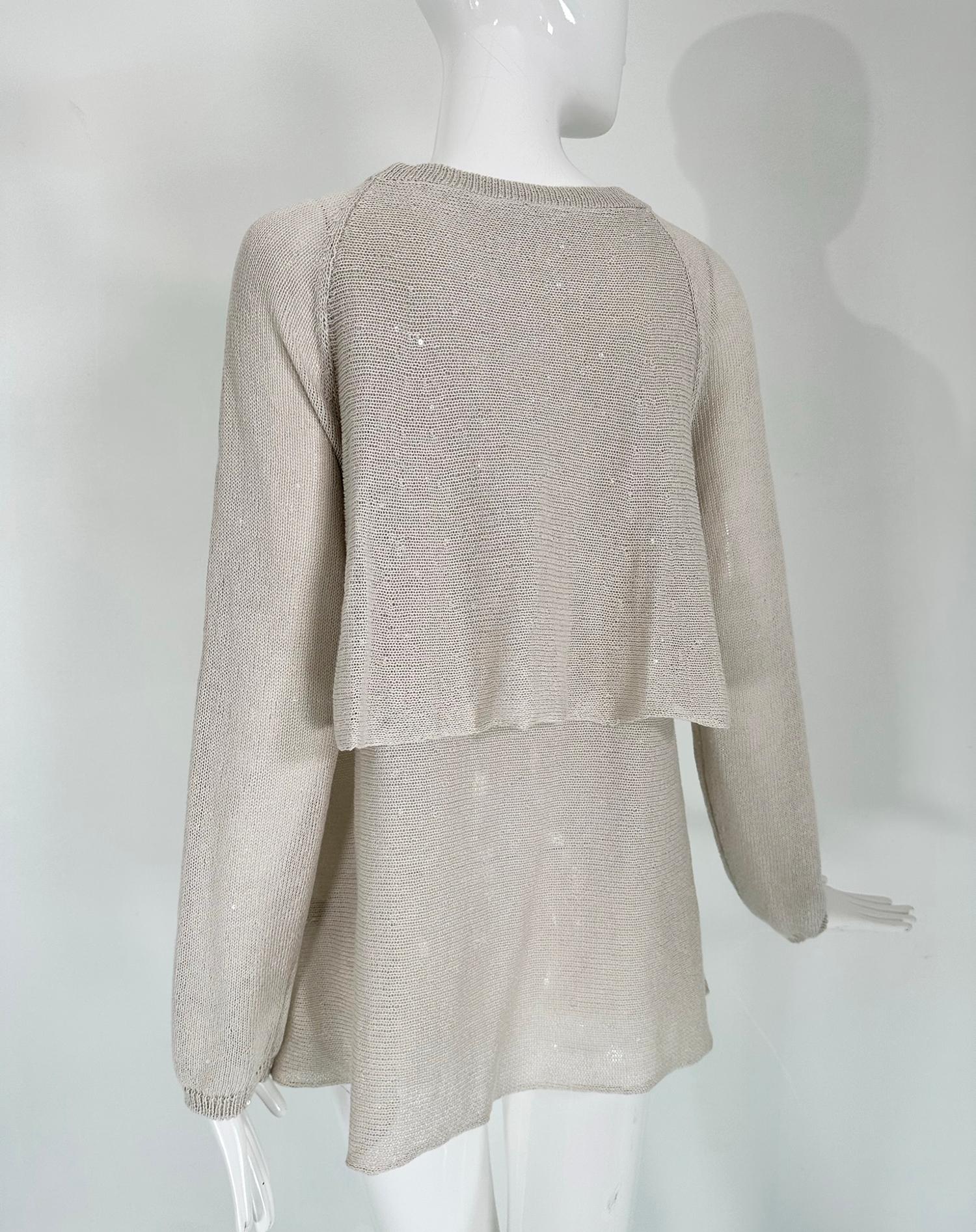 Brunello Cucinelli Ecru Linen & Silk Sequin Applique Layered Knit Tunic Sweater  For Sale 2