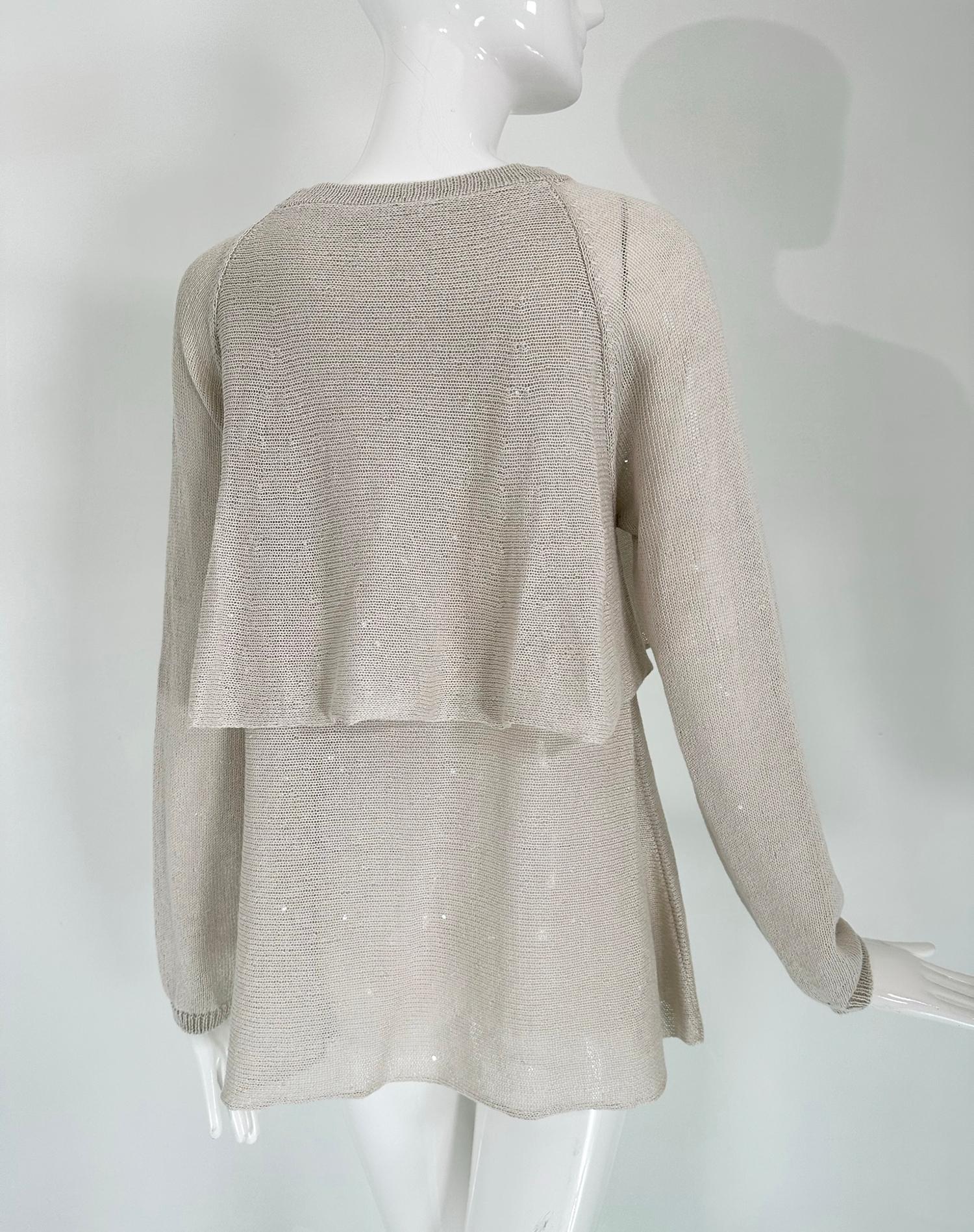 Brunello Cucinelli Ecru Linen & Silk Sequin Applique Layered Knit Tunic Sweater  For Sale 3