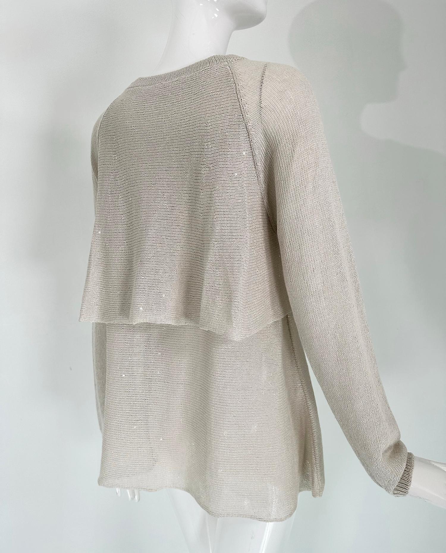 Brunello Cucinelli Ecru Linen & Silk Sequin Applique Layered Knit Tunic Sweater  For Sale 4