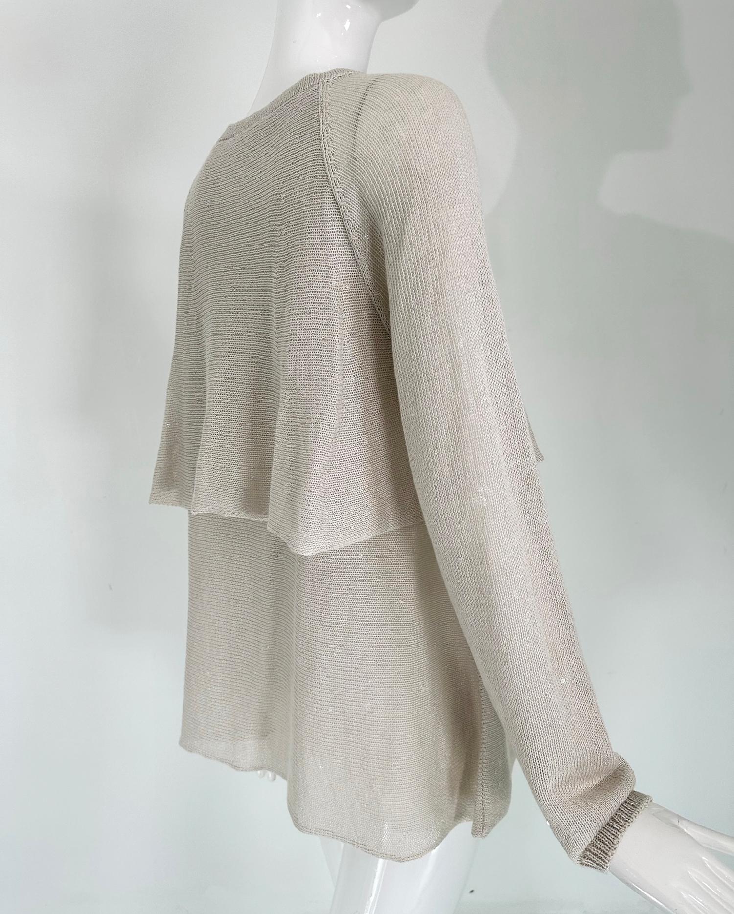 Brunello Cucinelli Ecru Linen & Silk Sequin Applique Layered Knit Tunic Sweater  For Sale 5