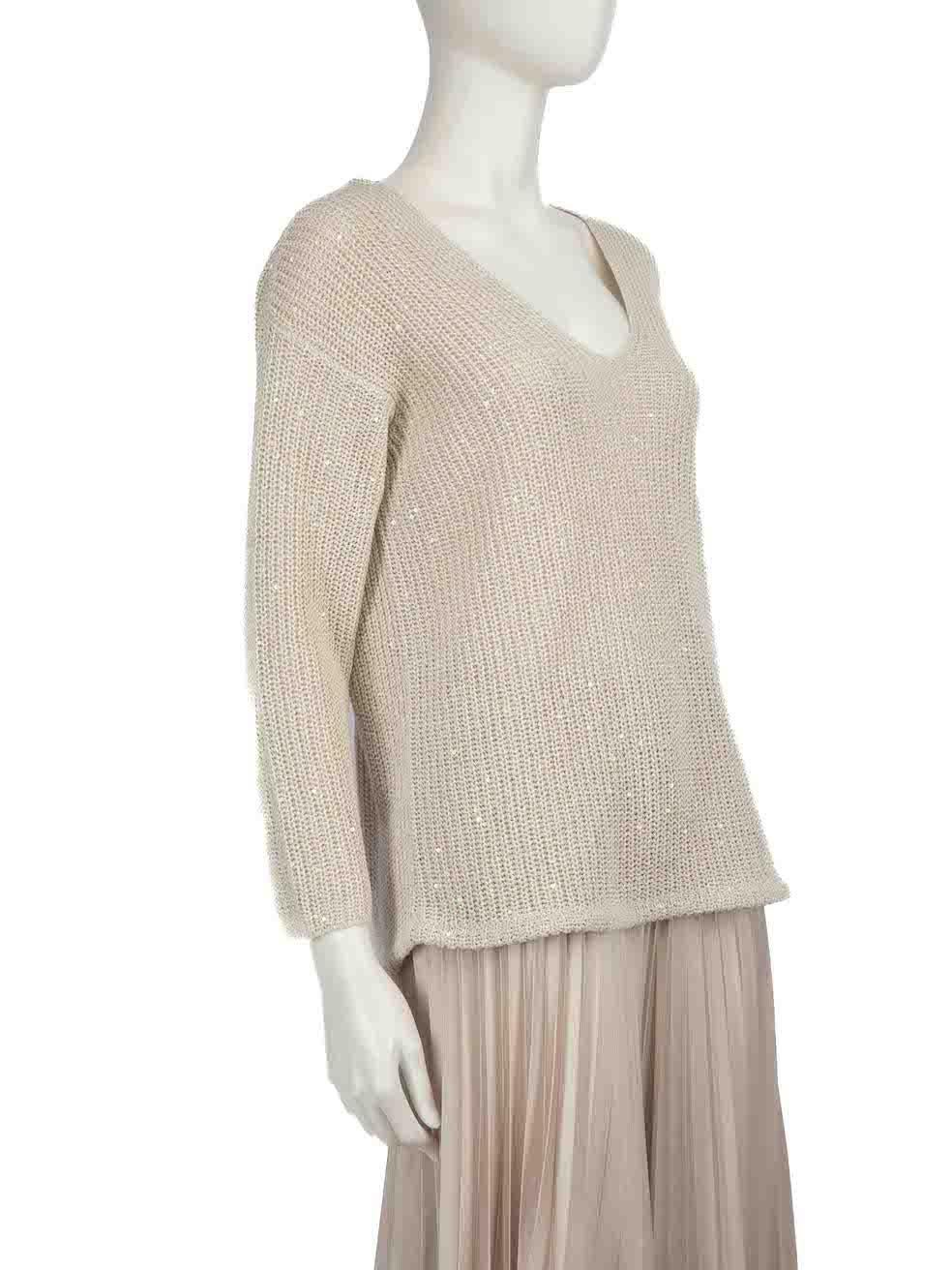 CONDITION is Very good. Hardly any visible wear to jumper is evident on this used Brunello Cucinello designer resale item.
 
 
 
 Details
 
 
 Ecru
 
 Cotton
 
 Knit jumper
 
 V-neck
 
 Sequinned accent
 
 Long sleeves
 
 
 
 
 
 Made in Italy
 
 
