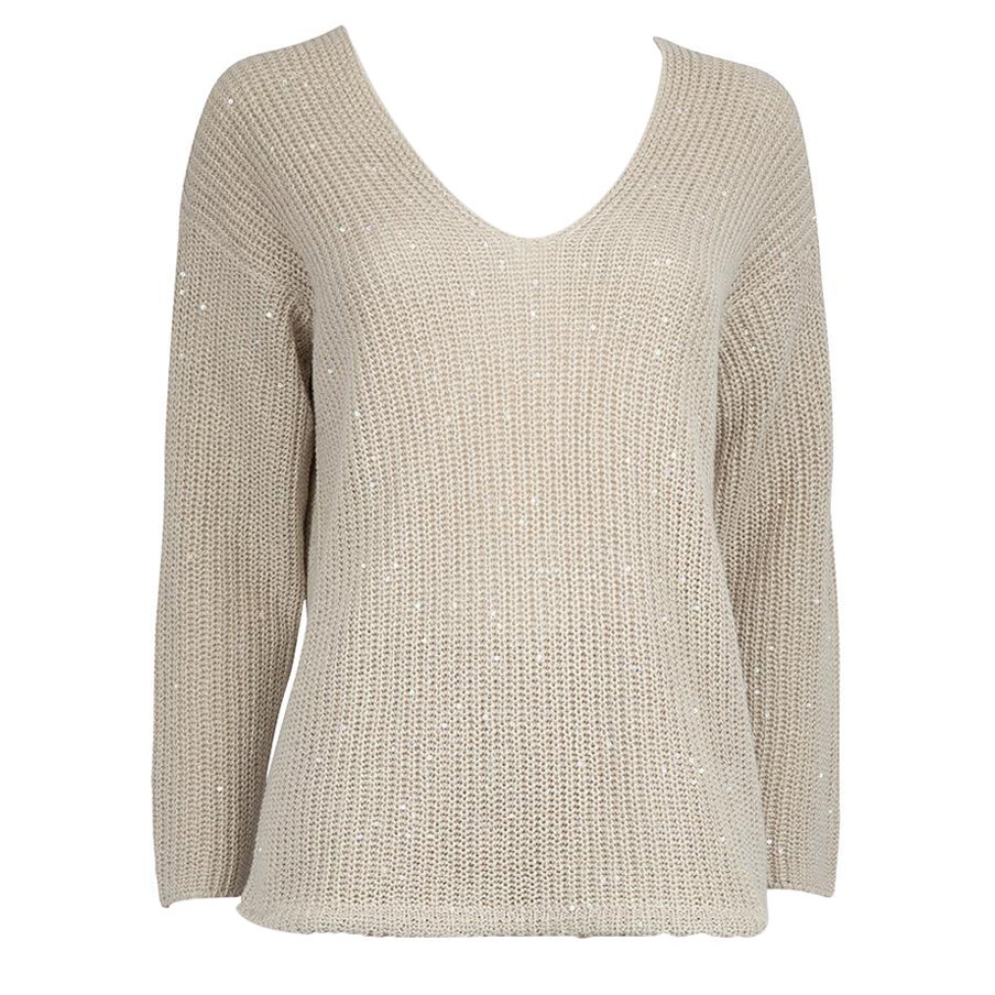 Brunello Cucinelli Ecru Sequinned V-Neck Jumper Size M en venta