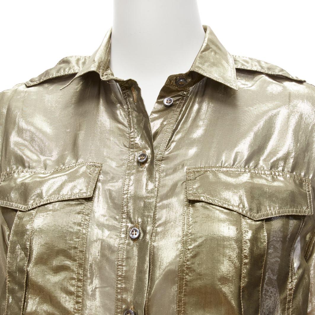BRUNELLO CUCINELLI gold metallic lame silk blend 3/4 sleeve shirt S
Reference: KNCN/A00051
Brand: Brunello Cucinelli
Material: Silk, Blend
Color: Gold
Pattern: Solid
Closure: Button
Made in: Italy

CONDITION:
Condition: Very good, this item was