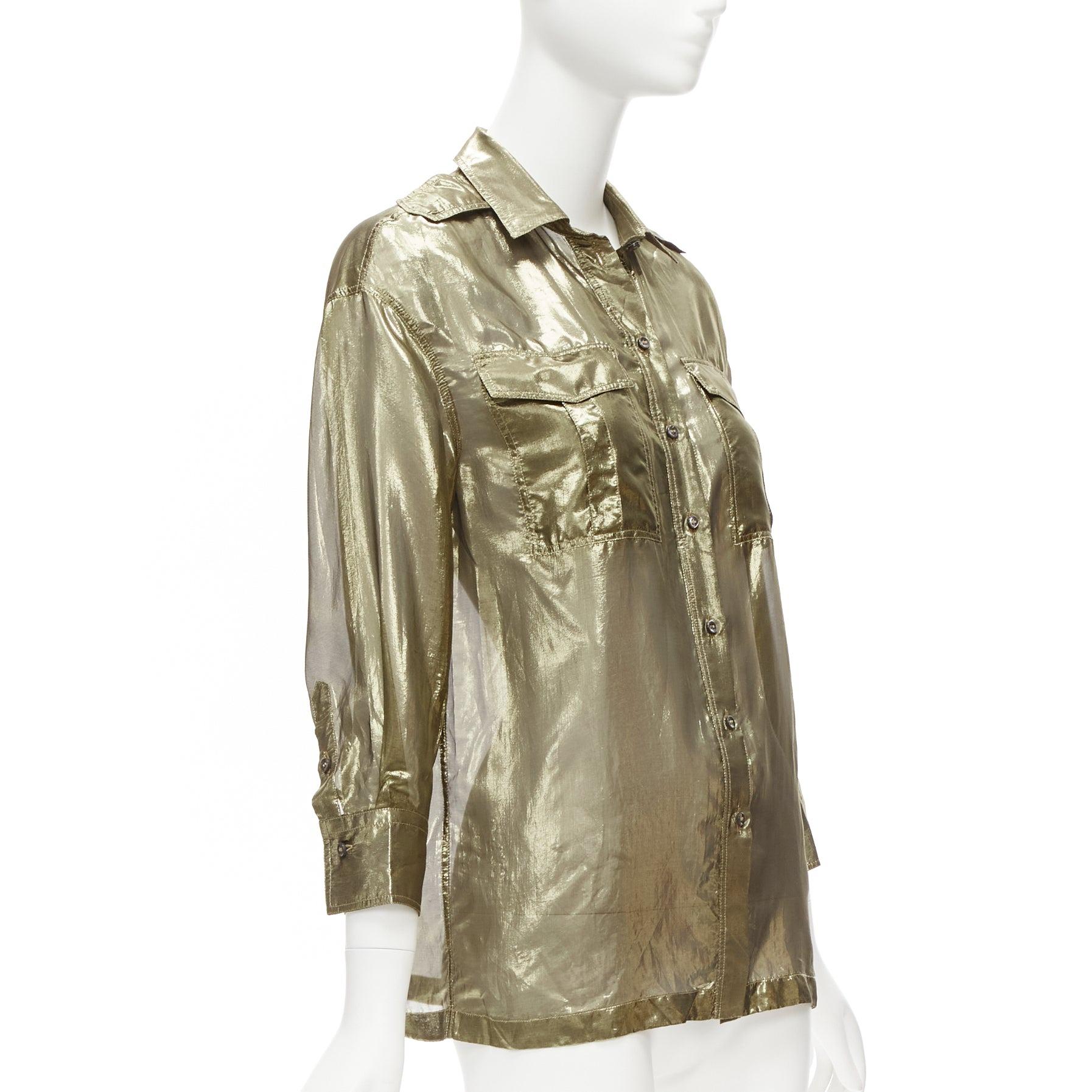 Brown BRUNELLO CUCINELLI gold metallic lame silk blend 3/4 sleeve shirt S For Sale