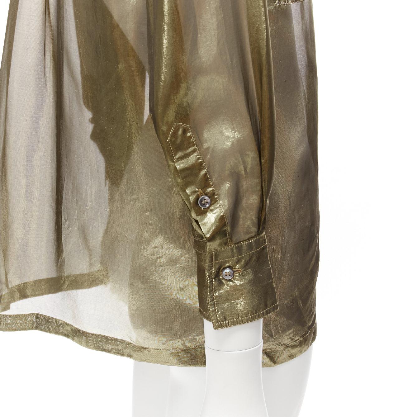 BRUNELLO CUCINELLI gold metallic lame silk blend 3/4 sleeve shirt S For Sale 3