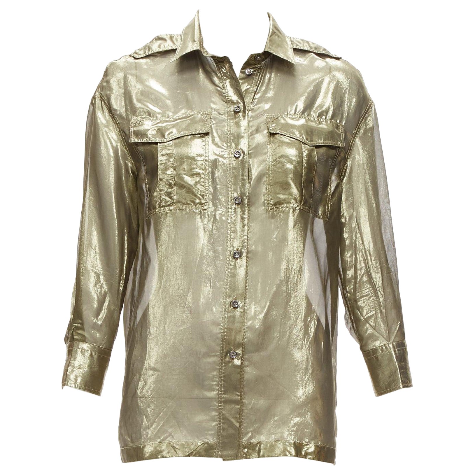 BRUNELLO CUCINELLI gold metallic lame silk blend 3/4 sleeve shirt S