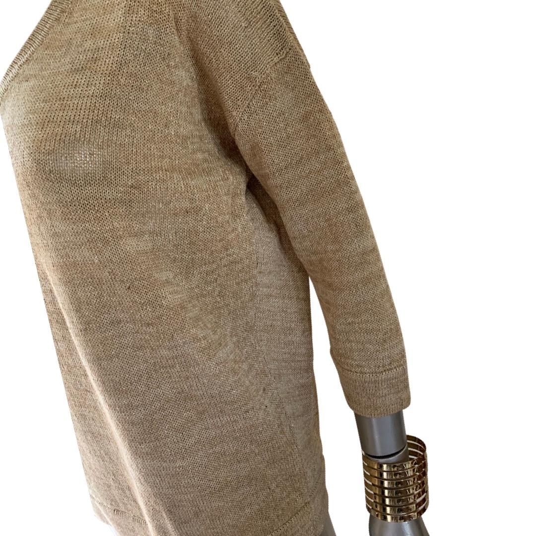 Brown Brunello Cucinelli Gold Metallic V Neck Pullover Knit Top Italy Size S