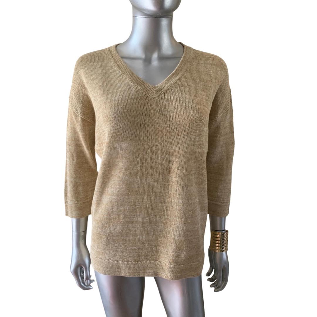 Women's Brunello Cucinelli Gold Metallic V Neck Pullover Knit Top Italy Size S