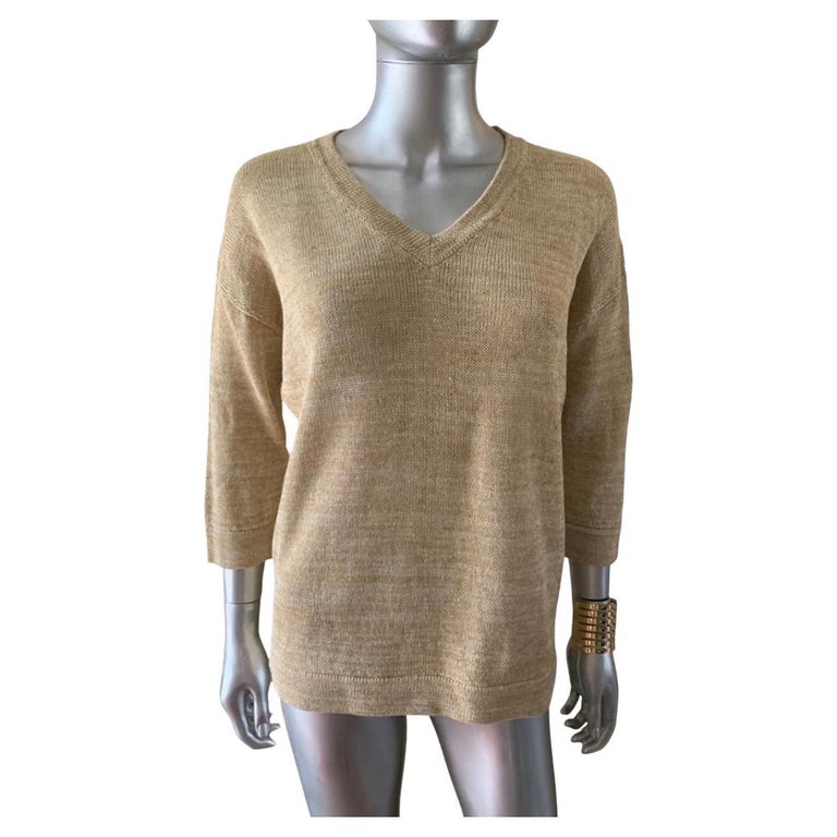 Brunello Cucinelli Gold Metallic V Neck Pullover Knit Top Italy Size S For  Sale at 1stDibs
