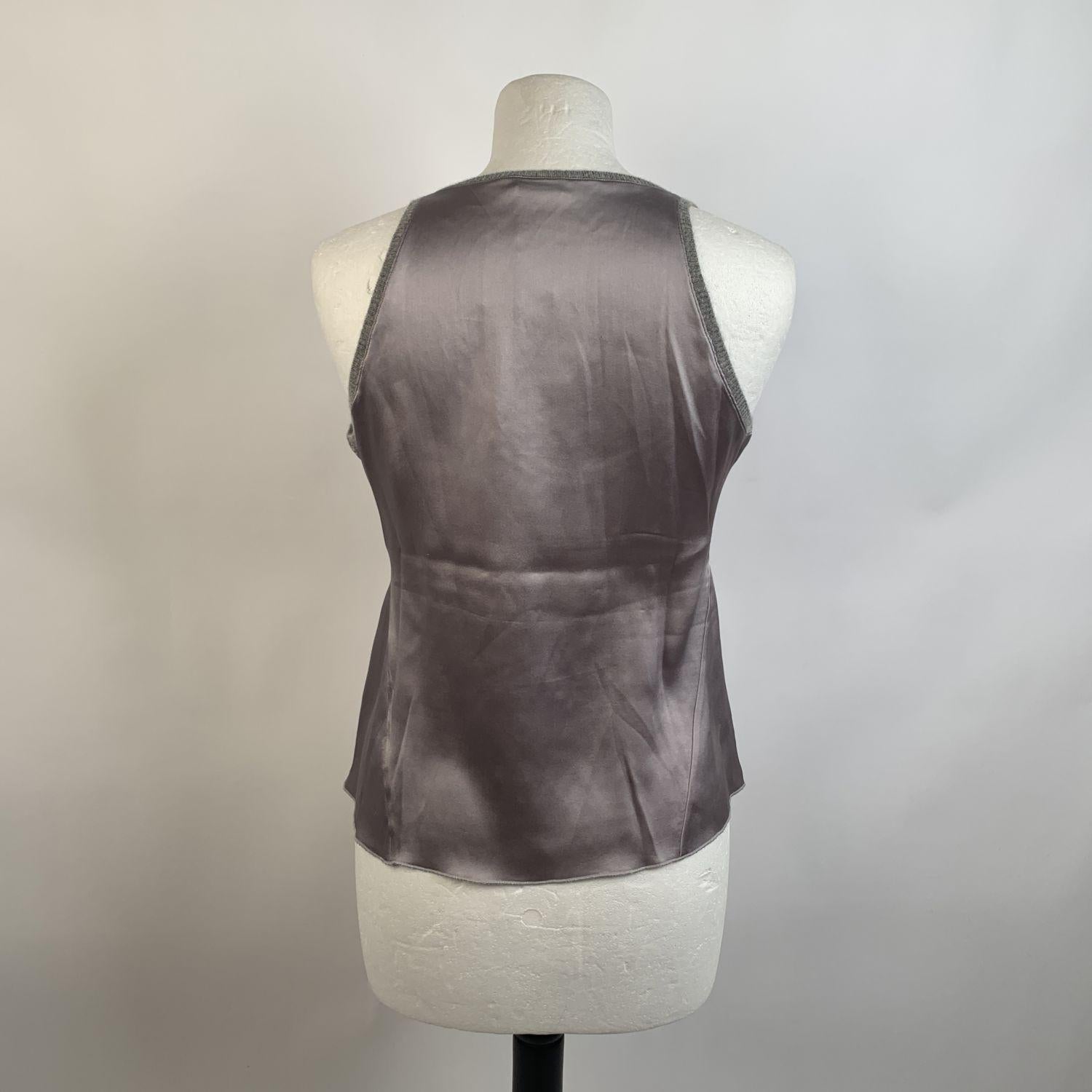 Brunello Cucinelli Gray Silk Sleeveless Top Cashmere Trim Size S In Excellent Condition In Rome, Rome