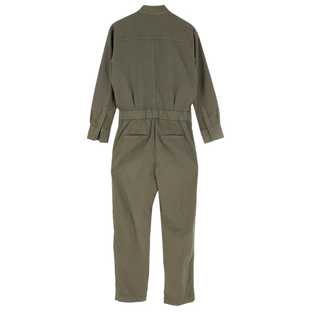 Brunello Cucinelli Green Military Jumpsuit

-Khaki jumpsuit
-Concealed zip closure
-Single patch chest pocket
-Side pockets
-Back pockets
-Concealed snap fastening cuffs
-High Collar
-Elasticated waist with tie design 
-Straight leg 
-Light weight