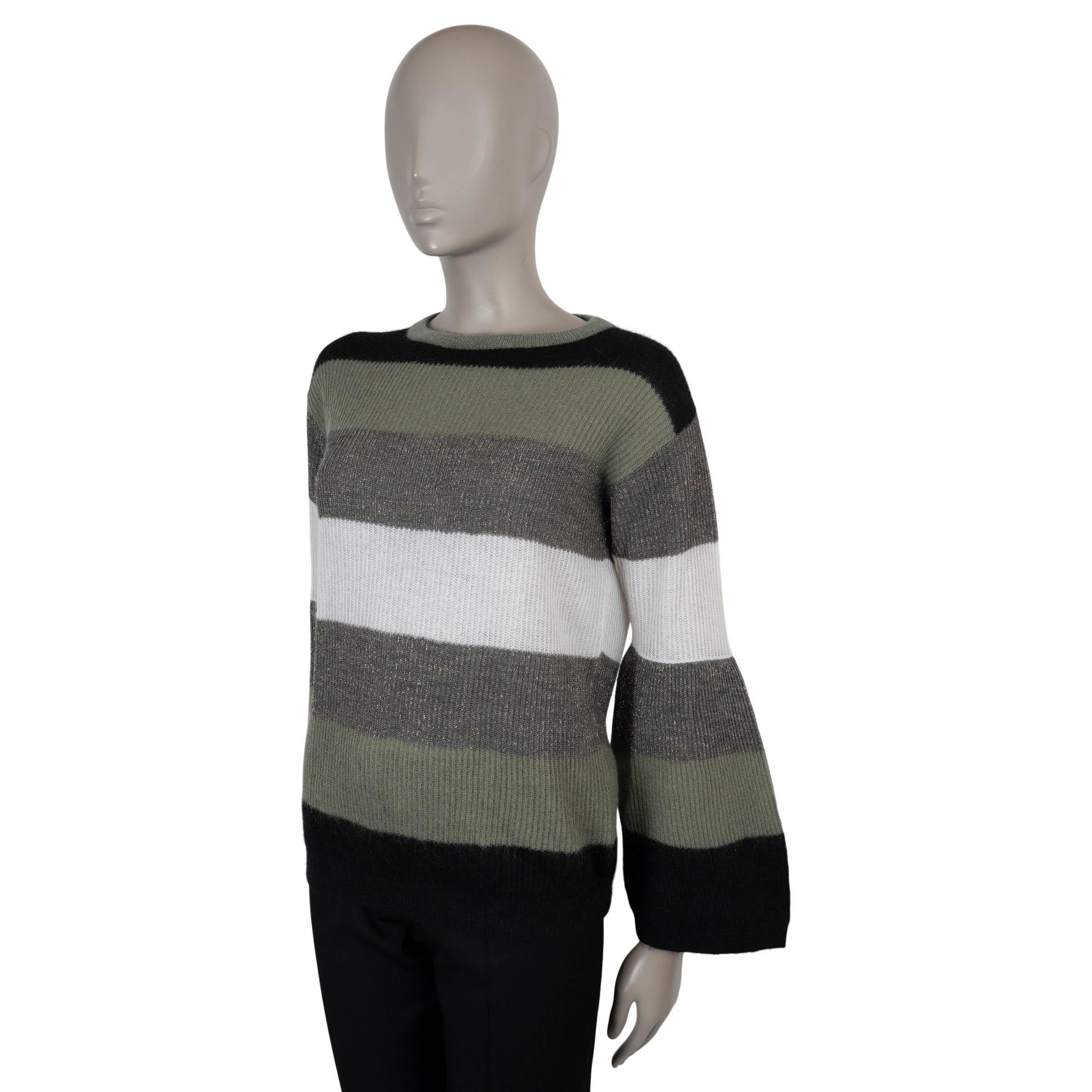 Dieser 100% authentische Pullover von Brunello Cucinelli ist aus einer gestreiften Rippstrickmischung aus Polyamid (47%), Mohair (37%) und Wolle (16%) in den Farben Salbeigrün, Schwarz, Creme und Grau gefertigt und mit dezentem Silberlurex für einen