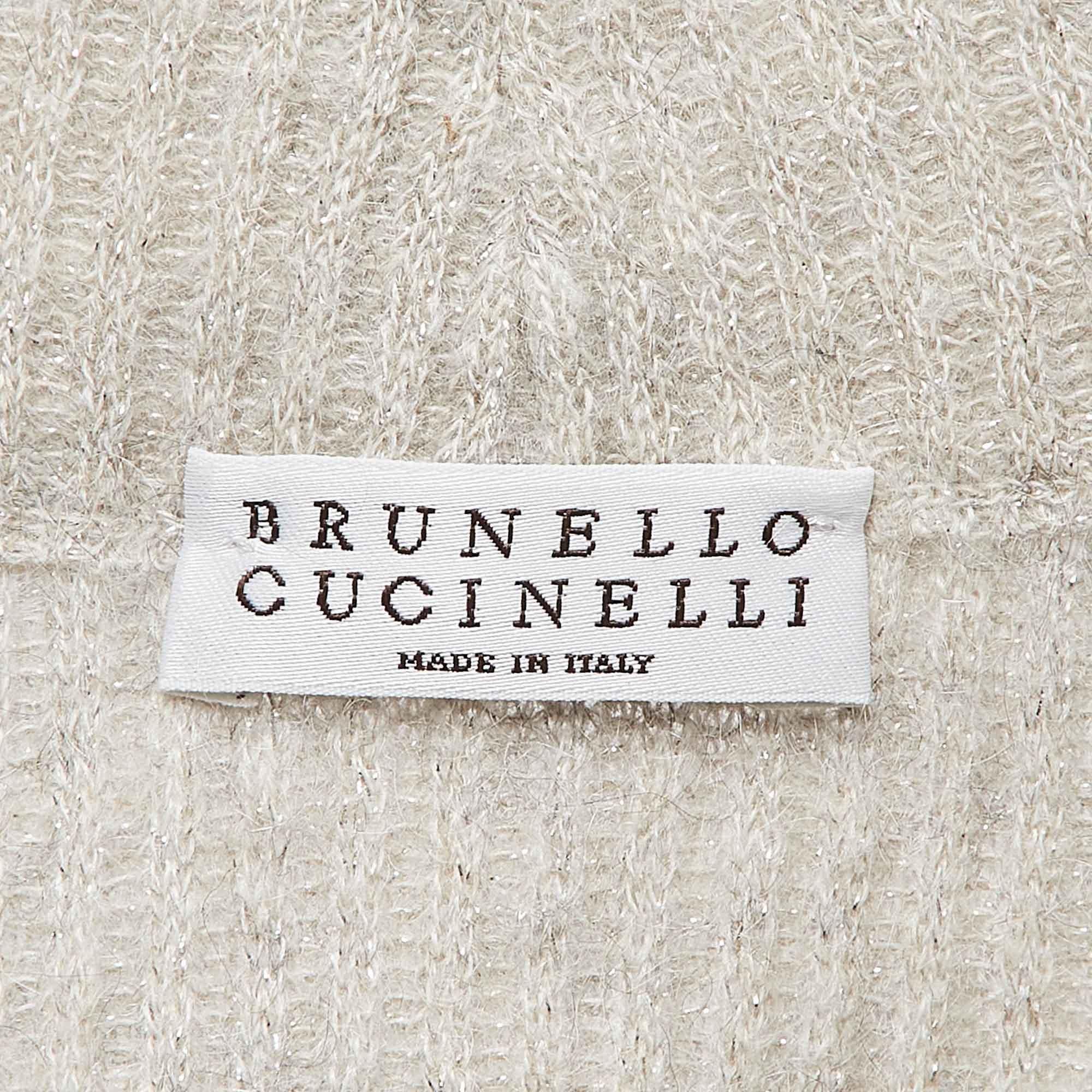 Brunello Cucinelli Grey Applique Lurex Knit V-Neck Sweater XS For Sale 2