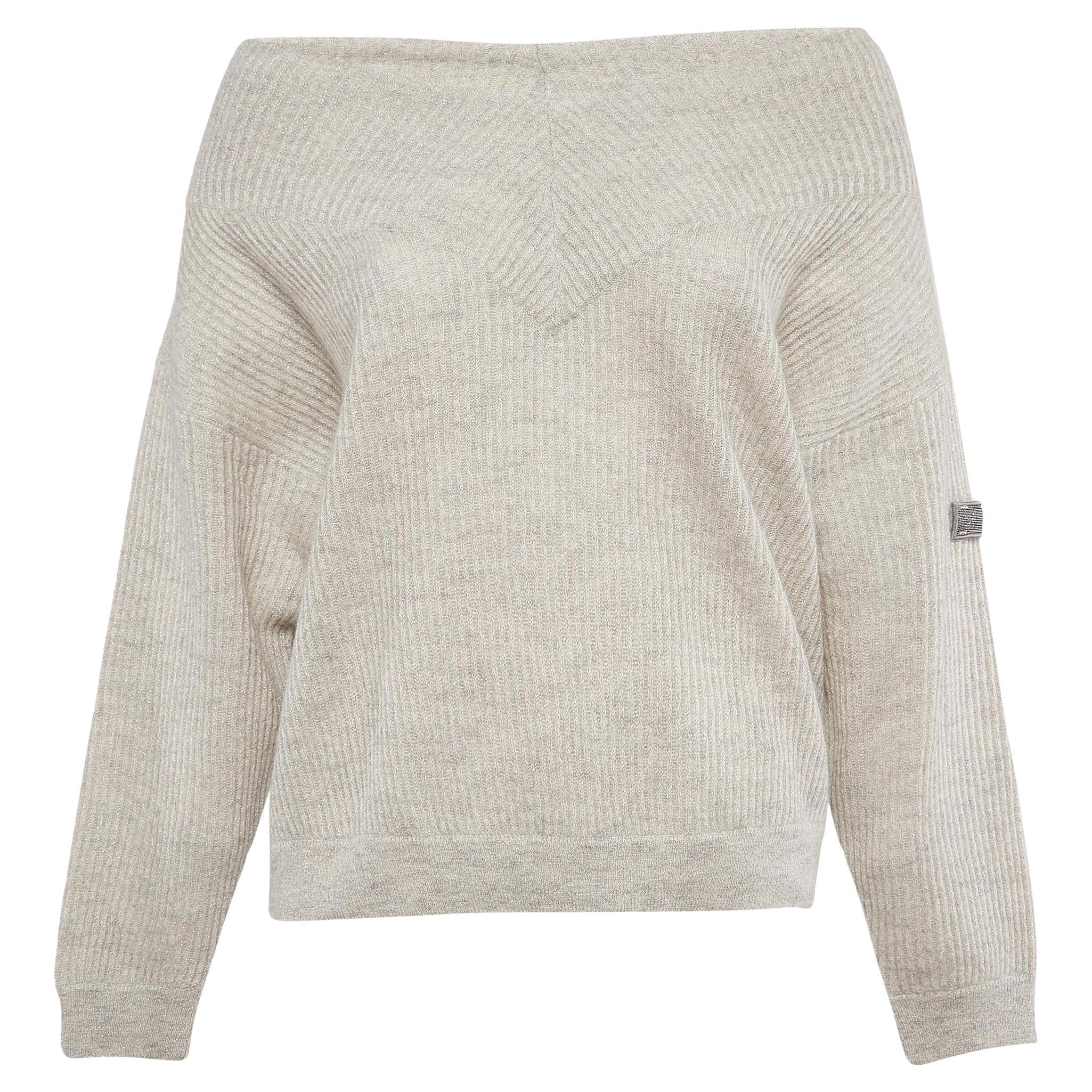 Brunello Cucinelli Grey Applique Lurex Knit V-Neck Sweater XS For Sale