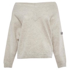 Brunello Cucinelli Grey Applique Lurex Knit V-Neck Sweater XS