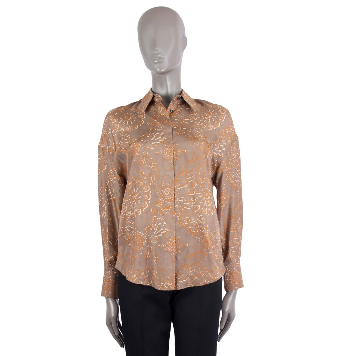 BRUNELLO CUCINELLI grey & brown silk FLORAL Button-Up Shirt XS In Excellent Condition For Sale In Zürich, CH