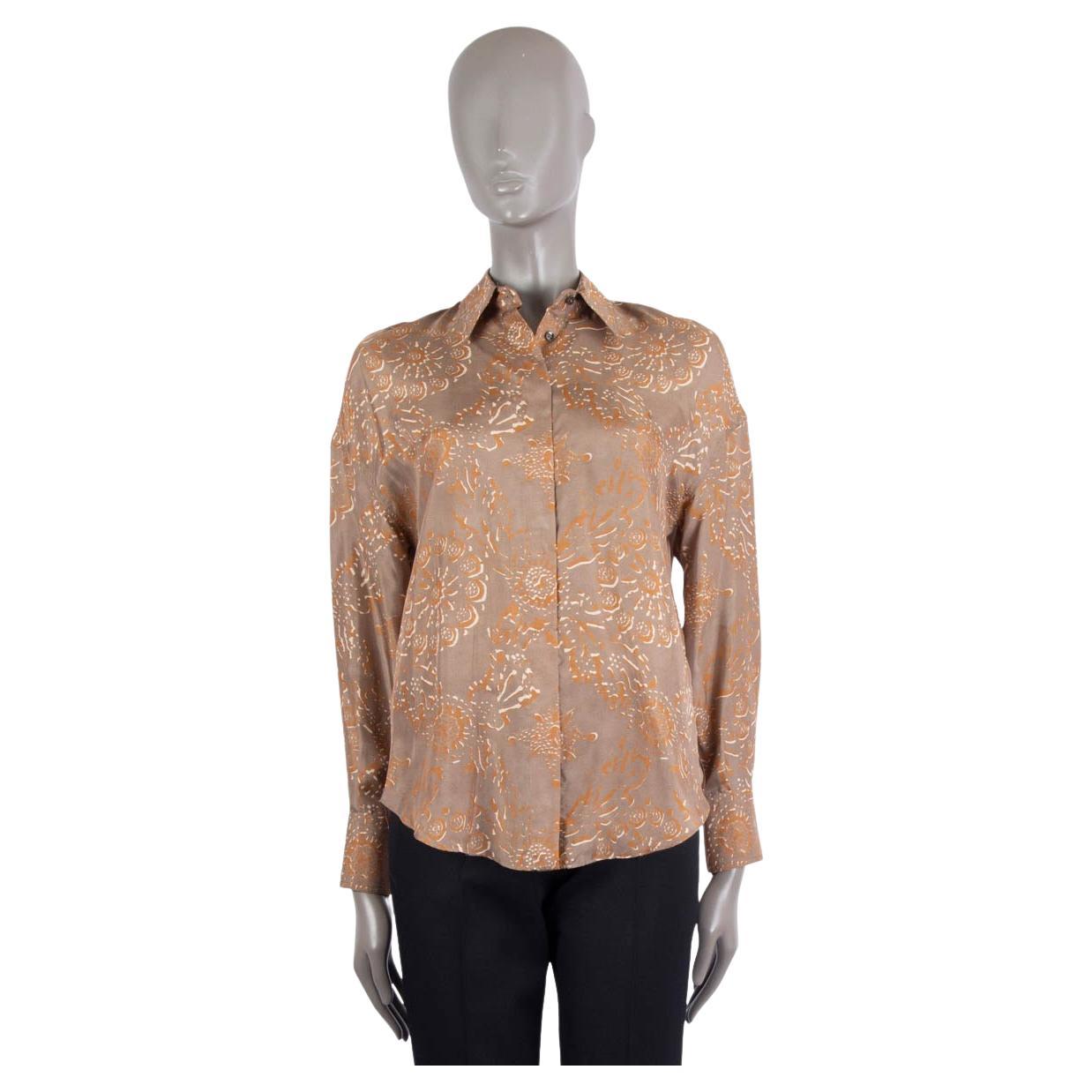 BRUNELLO CUCINELLI grey & brown silk FLORAL Button-Up Shirt XS For Sale