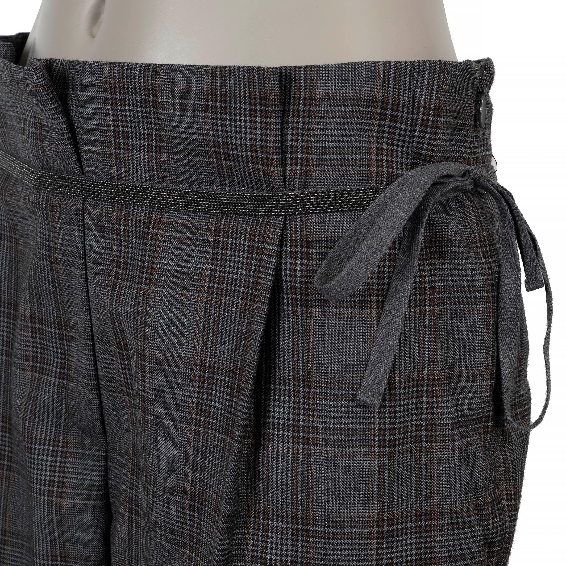 BRUNELLO CUCINELLI grey brown wool 2018 MONILI PAPERBAG WAIST Pants 42 M In Excellent Condition For Sale In Zürich, CH