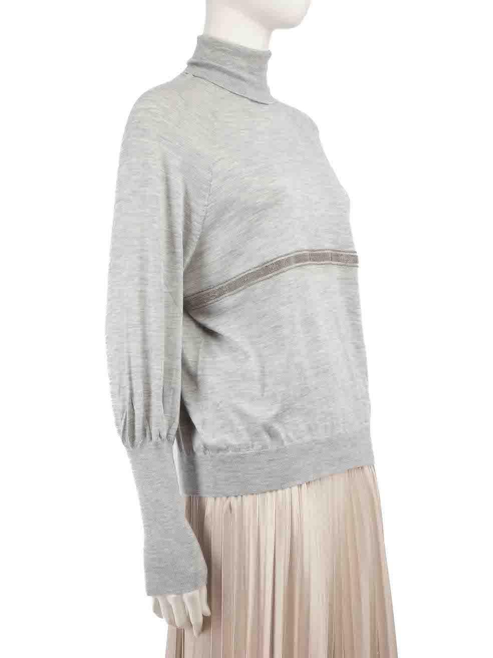 CONDITION is Very good. Hardly any visible wear to jumper is evident on this used Brunello Cucinelli designer resale item.
 
 
 
 Details
 
 
 Grey
 
 Cashmere
 
 Knit top
 
 Turtleneck
 
 Long sleeves
 
 Beaded stripe detail
 
 
 
 
 
 Made in