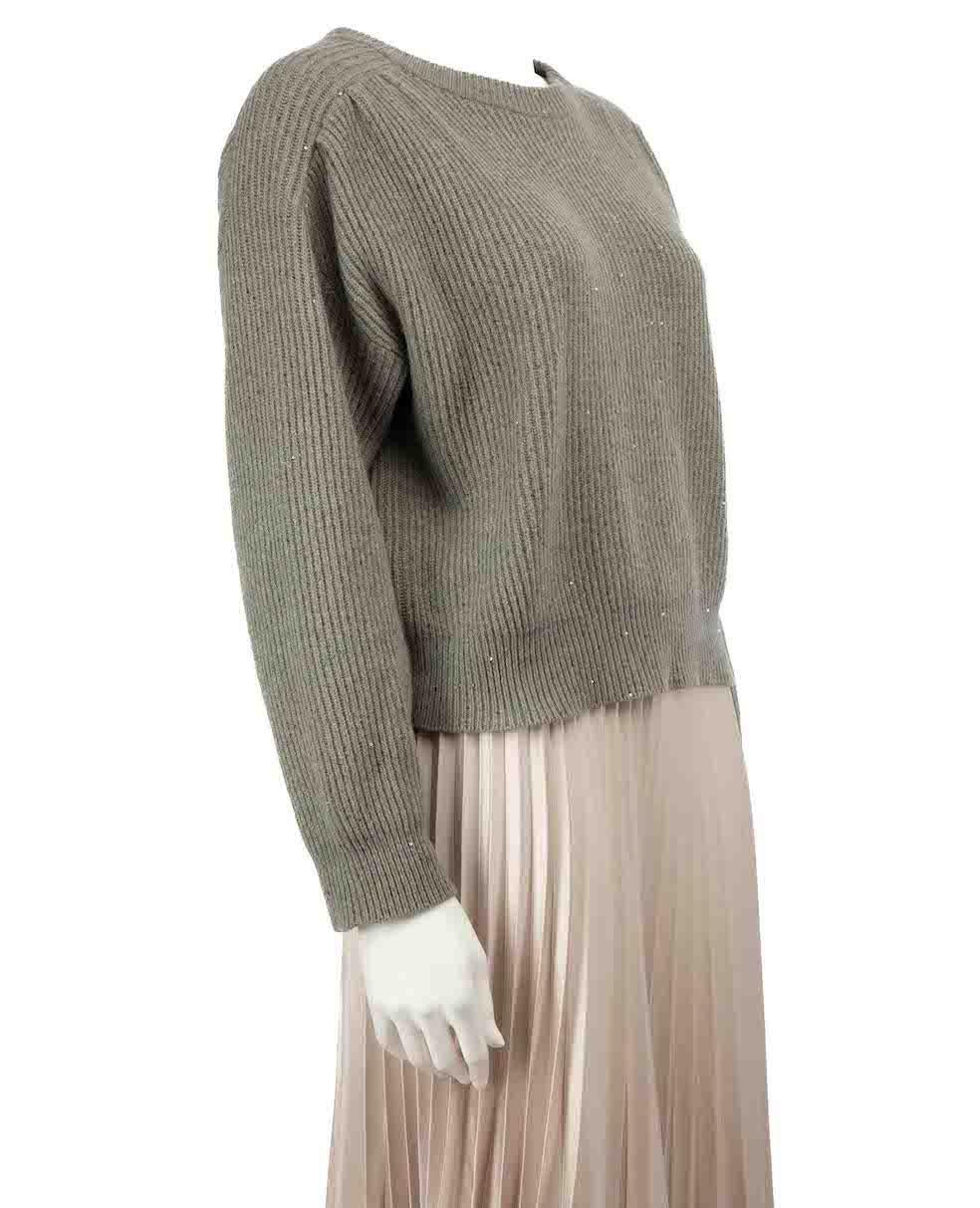 CONDITION is Very good. Hardly any visible wear to jumper is evident on this used Brunello Cucinelli designer resale item.
 
 Details
 Grey with green undertone
 Cashmere
 Long sleeves jumper
 Knitted and stretchy
 Round neckline
 Glitter sequin