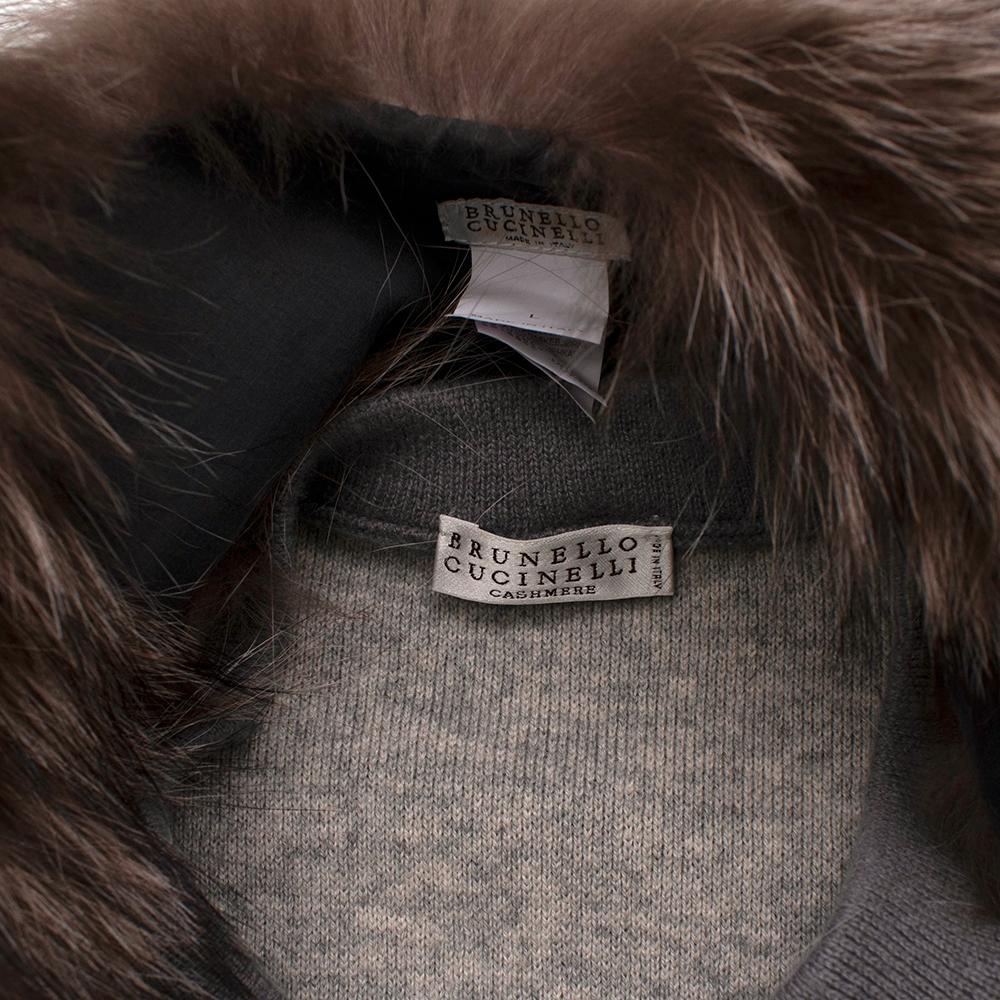 Gray Brunello Cucinelli Grey Cashmere Knit Jacket with Raccoon Fur Collar - Size L For Sale