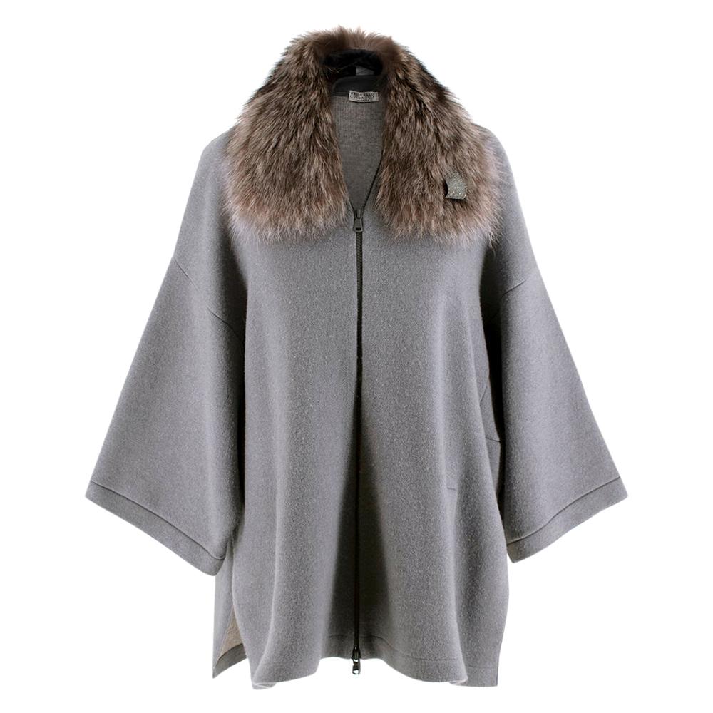 Brunello Cucinelli Grey Cashmere Knit Jacket with Raccoon Fur Collar - Size L For Sale