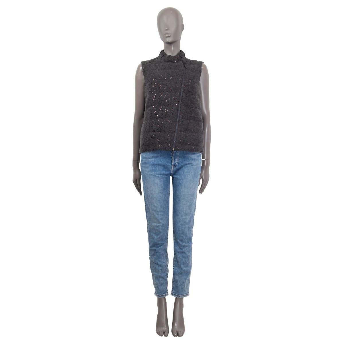 100% authentic Brunello Cucinelli sequin embellished down jacket in gray cashmere (70%) and silk (30%). Features two slit pockets on the sides. Opens with a button at the neck and an asymmetric zipper on the front. Lined in gray nylon (100%). Has