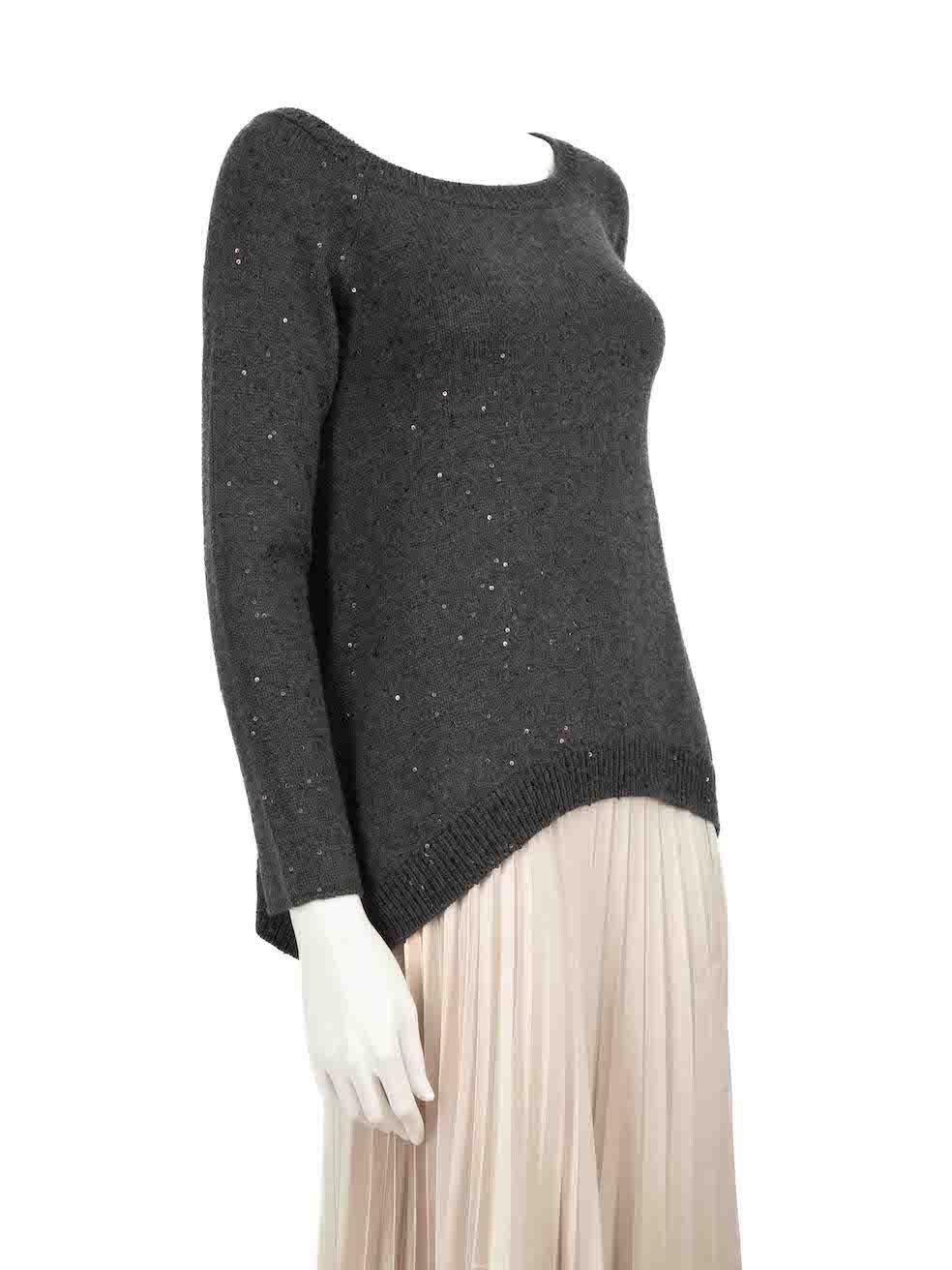 CONDITION is Very good. Hardly any visible wear to jumper is evident on this used Brunello Cucinelli designer resale item.
 
 
 
 Details
 
 
 Grey
 
 Cashmere
 
 Knit jumper
 
 Sequinned accent
 
 Long sleeves
 
 Round neck
 
 
 
 
 
 Made in