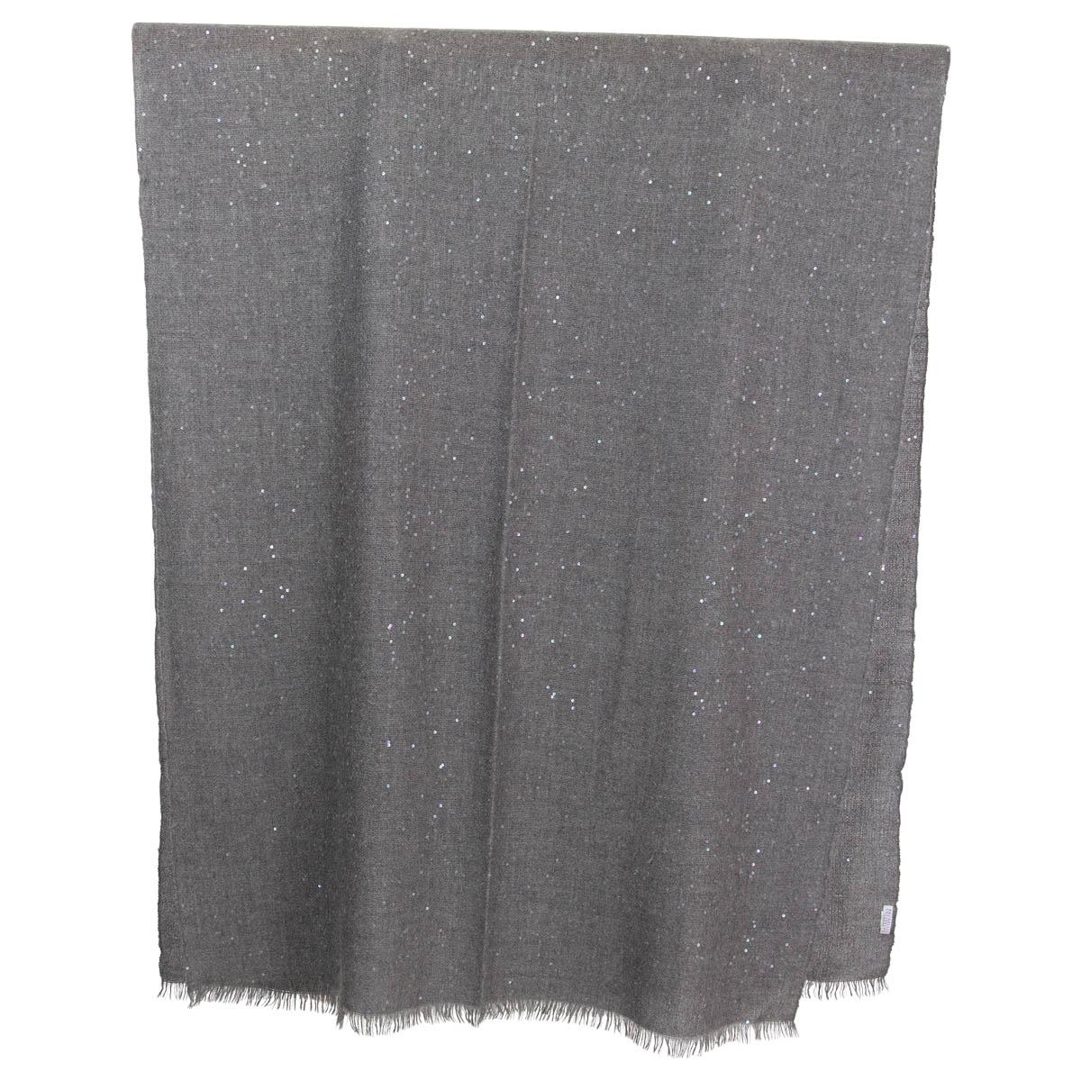 BRUNELLO CUCINELLI grey cashmere & silk SEQUIN EMBELLISHED Shawl Scarf