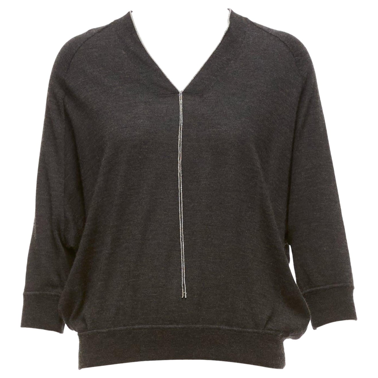 Brunello Cucinelli grigio cashmere seta catena argento collo a V maglione XXS