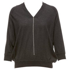 Brunello Cucinelli grigio cashmere seta catena argento collo a V maglione XXS
